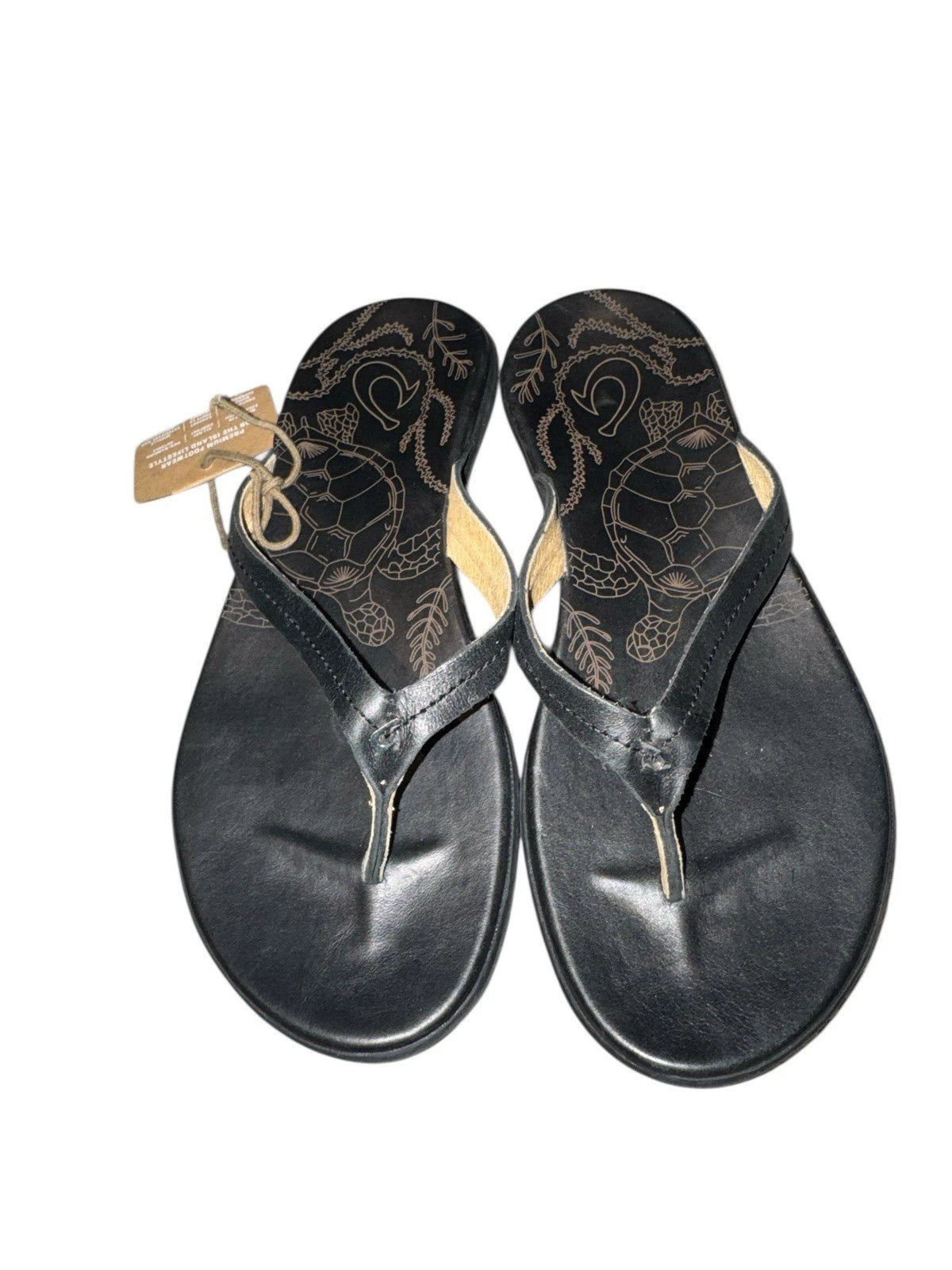 Women’s Size 6- Olukai Black Leather Flip Flop Sandals