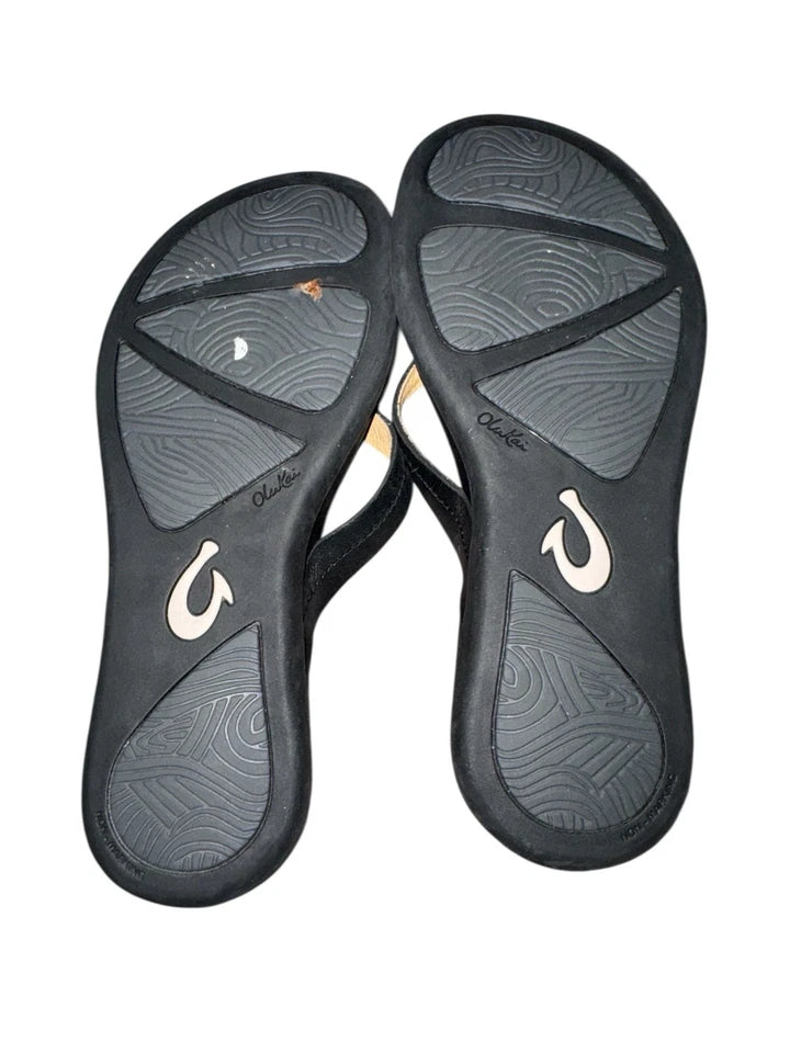 Women’s Size 6- Olukai Black Leather Flip Flop Sandals